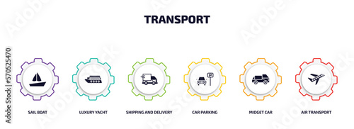 transport infographic element with filled icons and 6 step or option. transport icons such as sail boat, luxury yacht, shipping and delivery, car parking, midget car, air transport vector.