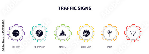 traffic signs infographic element with filled icons and 6 step or option. traffic signs icons such as one way, no straight, pothole, speed limit, laser, vector.