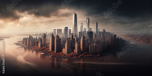 Stunning Sunset View of NYC Skyline: Magnificent Top View of New York's Skyscrapers Amidst Cloudy Foggy Day. Generative AI