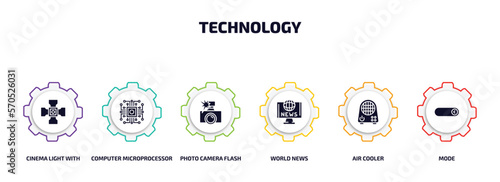 technology infographic element with filled icons and 6 step or option. technology icons such as cinema light with cable, computer microprocessor, photo camera flash, world news, air cooler, mode
