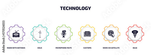 technology infographic element with filled icons and 6 step or option. technology icons such as radio with antenna, eolic, microphone mute, customs, news via satellite, bulb vector.