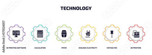technology infographic element with filled icons and 6 step or option. technology icons such as 3d printing software, calculation, fryer, ecologic electricity, vintage mic, 3d printers vector.
