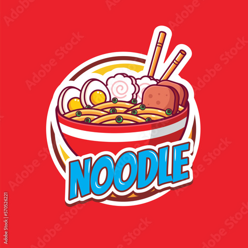 Ramen noodle in the red bowl with chopstick logo template 