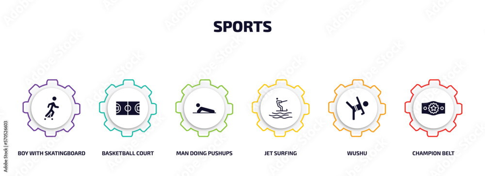 sports infographic element with filled icons and 6 step or option. sports icons such as boy with skatingboard, basketball court, man doing pushups, jet surfing, wushu, champion belt vector. sports infographic element with filled icons and 6 step or option. sports icons such as boy with skatingboard, basketball court, man doing pushups, jet surfing, wushu, champion belt vector.