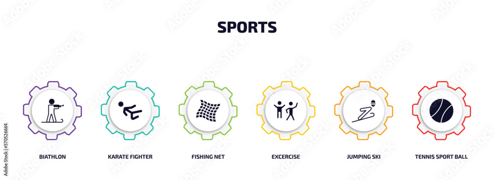 sports infographic element with filled icons and 6 step or option. sports icons such as biathlon, karate fighter, fishing net, excercise, jumping ski, tennis sport ball vector.