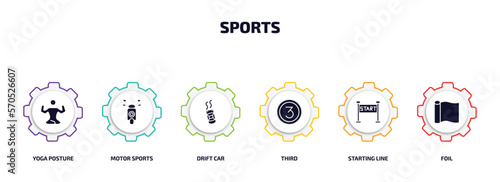 sports infographic element with filled icons and 6 step or option. sports icons such as yoga posture, motor sports, drift car, third, starting line, foil vector.