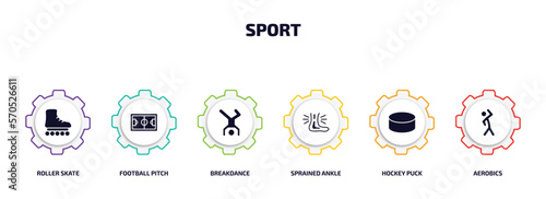 sport infographic element with filled icons and 6 step or option. sport icons such as roller skate, football pitch, breakdance, sprained ankle, hockey puck, aerobics vector.
