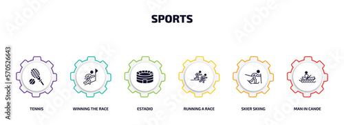 sports infographic element with filled icons and 6 step or option. sports icons such as tennis, winning the race, estadio, running a race, skier skiing, man in canoe vector.