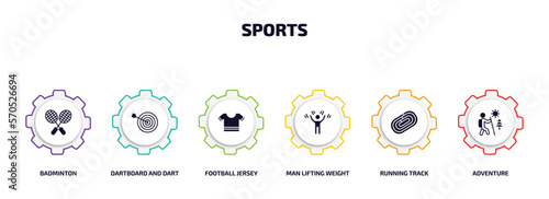 sports infographic element with filled icons and 6 step or option. sports icons such as badminton, dartboard and dart, football jersey, man lifting weight, running track, adventure vector.