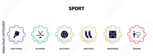 sport infographic element with filled icons and 6 step or option. sport icons such as table tennis, ice hockey, volleyball, long socks, game board, training vector.