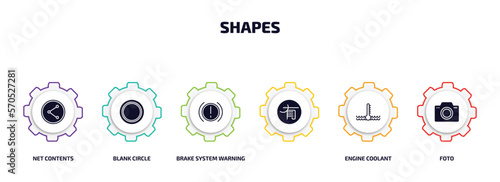 shapes infographic element with filled icons and 6 step or option. shapes icons such as net contents, blank circle, brake system warning, , engine coolant, foto vector.