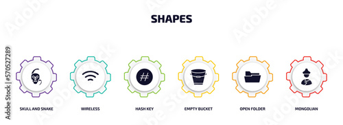 shapes infographic element with filled icons and 6 step or option. shapes icons such as skull and snake, wireless, hash key, empty bucket, open folder, mongolian vector.
