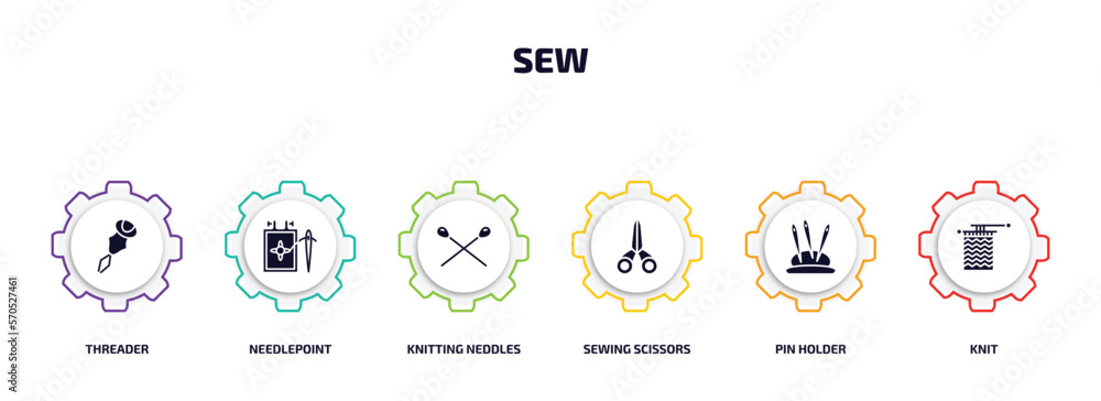 sew infographic element with filled icons and 6 step or option. sew icons such as threader, needlepoint, knitting neddles, sewing scissors, pin holder, knit vector. sew infographic element with filled icons and 6 step or option. sew icons such as threader, needlepoint, knitting neddles, sewing scissors, pin holder, knit vector.