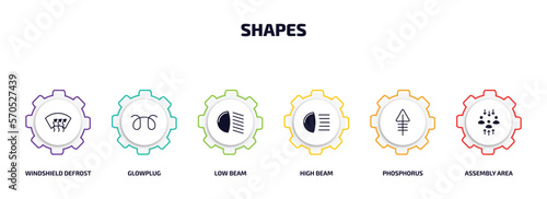 shapes infographic element with filled icons and 6 step or option. shapes icons such as windshield defrost, glowplug, low beam, high beam, phosphorus, assembly area vector.