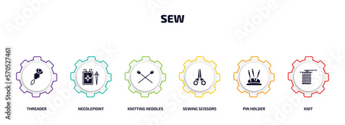 sew infographic element with filled icons and 6 step or option. sew icons such as threader, needlepoint, knitting neddles, sewing scissors, pin holder, knit vector.
