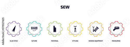 sew infographic element with filled icons and 6 step or option. sew icons such as glue stick, suture, material, styling, sewing equipment, measuring vector.