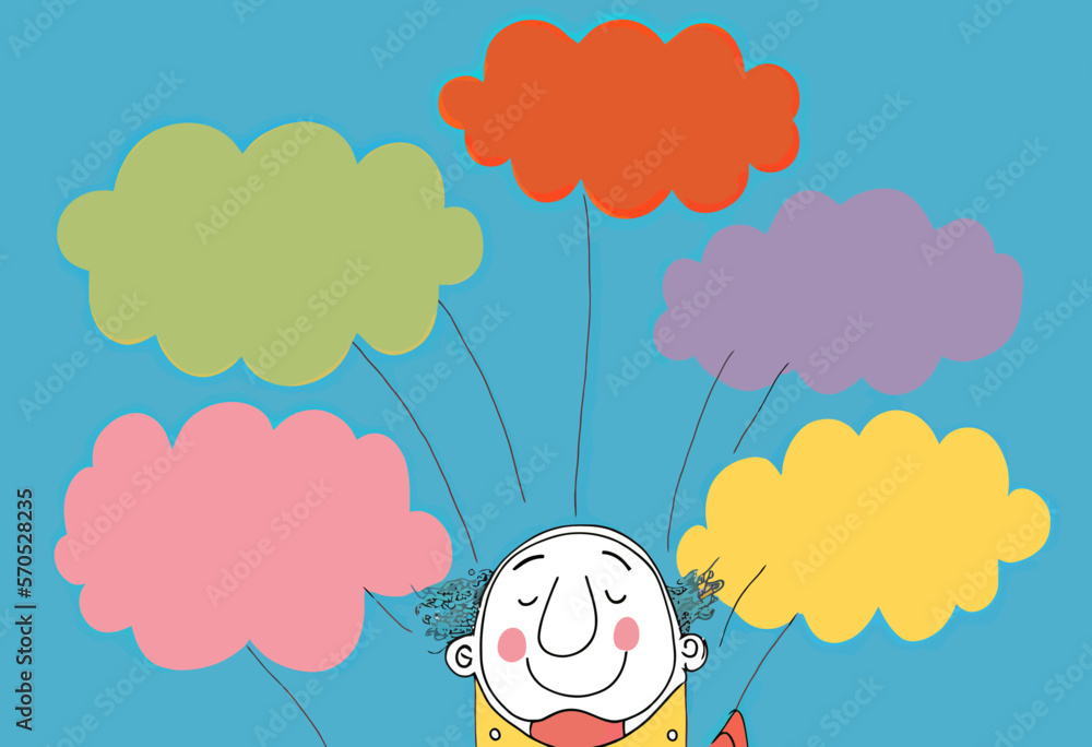 Illustration of a person on a cloud, surrounded by objects representing different emotions. Pastel colors represent a rollercoaster of feelings, from happiness to sadness. Illustration of a person on a cloud, surrounded by objects representing different emotions. Pastel colors represent a rollercoaster of feelings, from happiness to sadness.