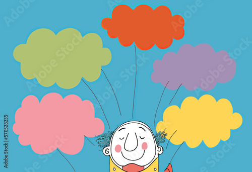 Illustration of a person on a cloud, surrounded by objects representing different emotions. Pastel colors represent a rollercoaster of feelings, from happiness to sadness.
