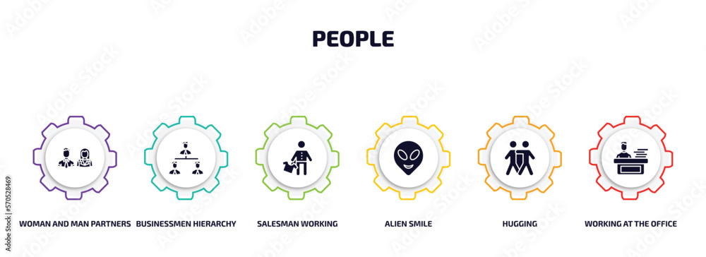 people infographic element with filled icons and 6 step or option. people icons such as woman and man partners, businessmen hierarchy, salesman working, alien smile, hugging, working at the office people infographic element with filled icons and 6 step or option. people icons such as woman and man partners, businessmen hierarchy, salesman working, alien smile, hugging, working at the office