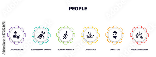 people infographic element with filled icons and 6 step or option. people icons such as layer working, businessman dancing, running at finish line, landkeeper, gangsters, pregnant priority vector.
