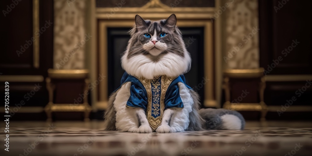 Funny scene of cute cat wearing traditional victorian costume at the Imperial palace. Cat wearing a elegant Victorian lace dress. Generative AI