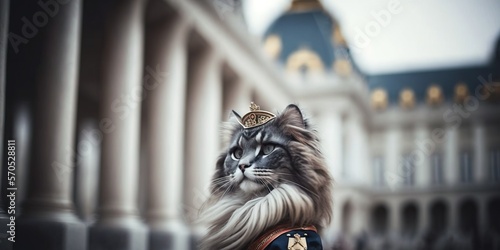 Funny scene of cute cat wearing traditional victorian costume at the Imperial palace. Cat wearing a elegant Victorian lace dress. Generative AI