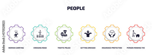 people infographic element with filled icons and 6 step or option. people icons such as woman carrying, crossing road, traffic police, getting dressed, insurance protection, person mowing the grass