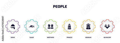 people infographic element with filled icons and 6 step or option. people icons such as serve, sujud, brothers, princes, bedouin, no racism vector.