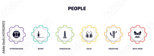 people infographic element with filled icons and 6 step or option. people icons such as vitruvian man, qiyam, venezuelan, salat, argentina, devil mask vector.