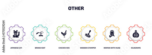 other infographic element with filled icons and 6 step or option. other icons such as japanese cat, branch bat, chichen hen, wooden stamper, woman with hijab, kilograms vector.