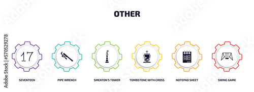 other infographic element with filled icons and 6 step or option. other icons such as seventeen, pipe wrench, smeaton's tower, tombstone with cross, notepad sheet, swing game vector.