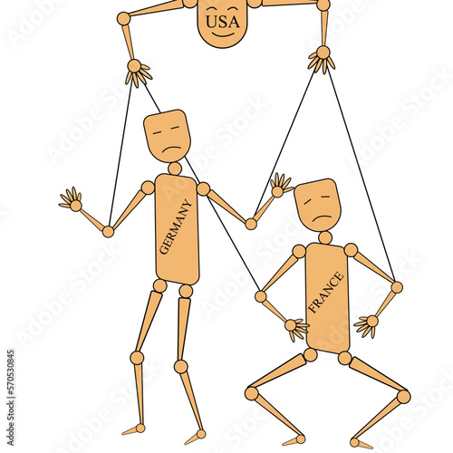 Hand puppets. The USA manages the puppet Germany and France concept. Website banner with retro wooden dolls.