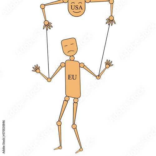 Hand puppets. The USA manages the puppet European Union concept. Website banner with retro wooden dolls.