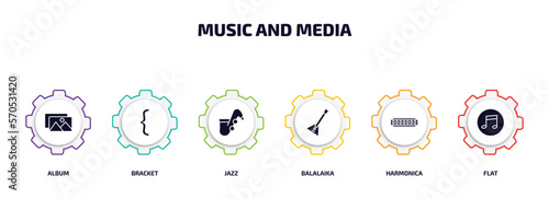 music and media infographic element with filled icons and 6 step or option. music and media icons such as album, bracket, jazz, balalaika, harmonica, flat vector.