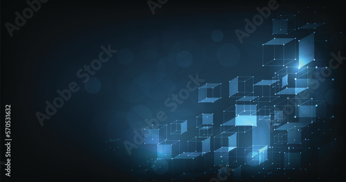 Blockchain technology concept. Information blocks in cyberspace. Decentralized network. 3D illustration on dark blue background.