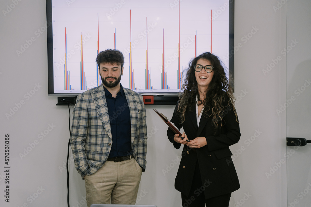 Fototapeta premium Beautiful Caucasian presenters