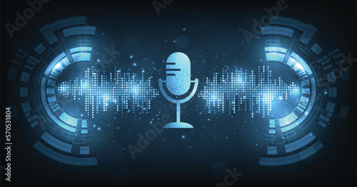 Podcast, Internet digital recording concept. Podcast logo, Mic icon special and Sound wave rhythm on dark blue background.	