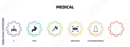 medical infographic element with filled icons and 6 step or option. medical icons such as p, stoh, , anesthesia, eye scanner medical, e vector.