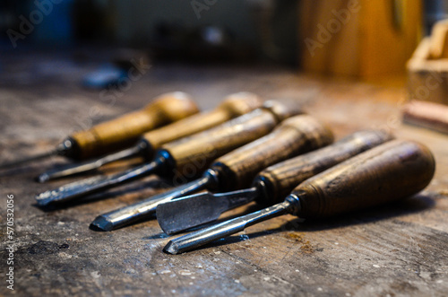 Violin maker luthier tools for wood carving Cremona Italy photo