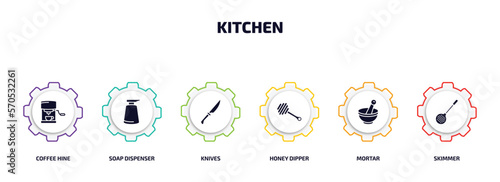 kitchen infographic element with filled icons and 6 step or option. kitchen icons such as coffee hine, soap dispenser, knives, honey dipper, mortar, skimmer vector.
