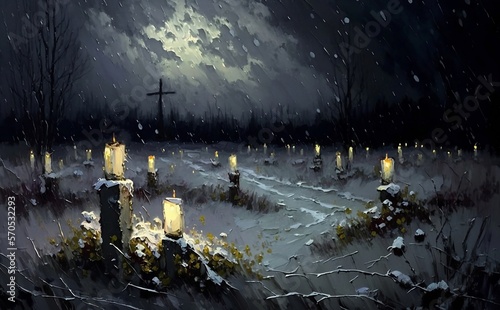 Candles in a field with snowflakes falling. Palette knife illustration. Generative AI technology.  © Aleksandr