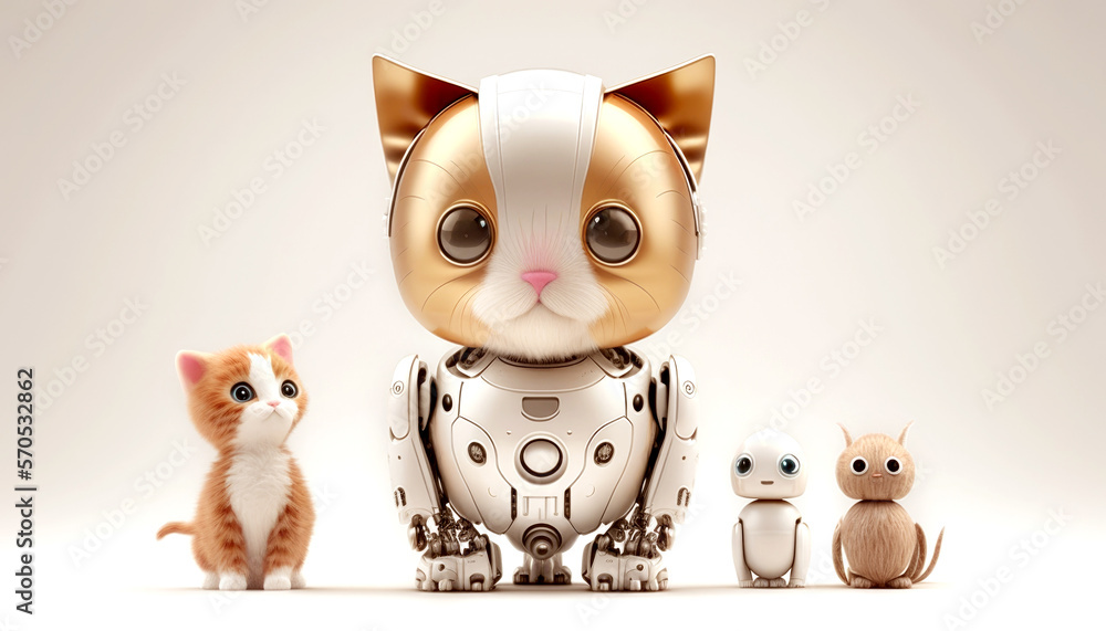 Fototapeta premium Kitten look at robot pet , technology human friendly , Generative Ai