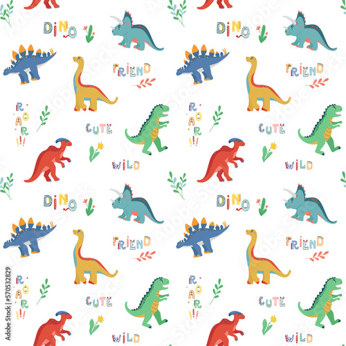 Vector colored seamless repeating children pattern with cute dinosaurs  plants and comic dino doodle quotes on a white background. Baby pattern with dinosaurs.
