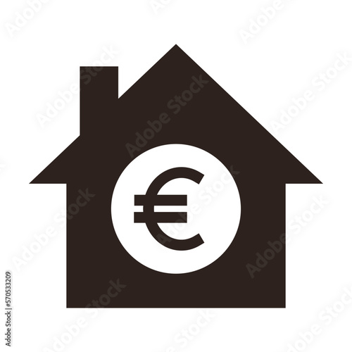 House icon with euro sign. Real estate investment symbol. Housing price sign.
