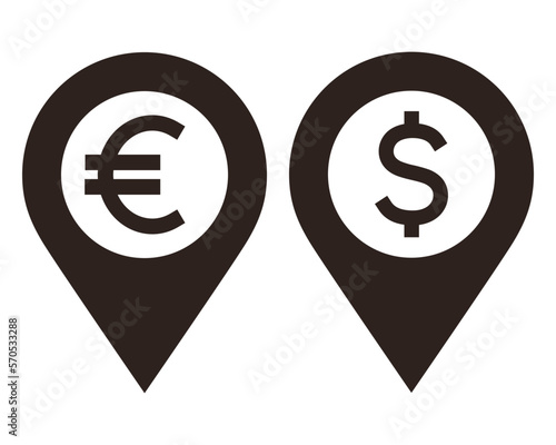 Map pointer with euro and dollar sign icon. Exchange office for euro and dollars. Bank place, location icon