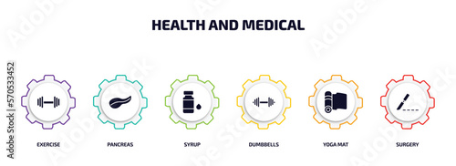 health and medical infographic element with filled icons and 6 step or option. health and medical icons such as exercise, pancreas, syrup, dumbbells, yoga mat, surgery vector.