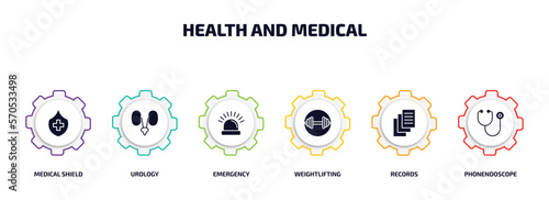 health and medical infographic element with filled icons and 6 step or option. health and medical icons such as medical shield, urology, emergency, weightlifting, records, phonendoscope vector.