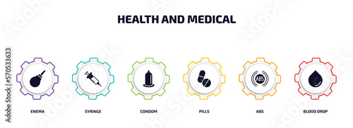 health and medical infographic element with filled icons and 6 step or option. health and medical icons such as enema, syringe, condom, pills, abs, blood drop vector.