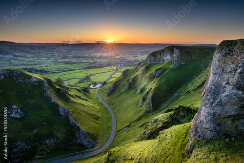 A beautiful spring sunrise at Winnats Pass in the Peak District National Park.