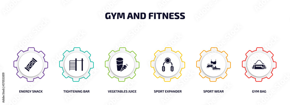 gym and fitness infographic element with filled icons and 6 step or option. gym and fitness icons such as energy snack, tightening bar, vegetables juice, sport expander, sport wear, gym bag vector. gym and fitness infographic element with filled icons and 6 step or option. gym and fitness icons such as energy snack, tightening bar, vegetables juice, sport expander, sport wear, gym bag vector.